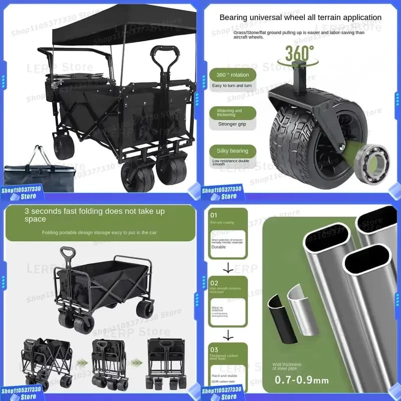 Foldable Metal Four Wheel Wagon Cart Large Capacity Outdoor Picnic Camping Portable Storage Trolley Shopping Utility Handcart