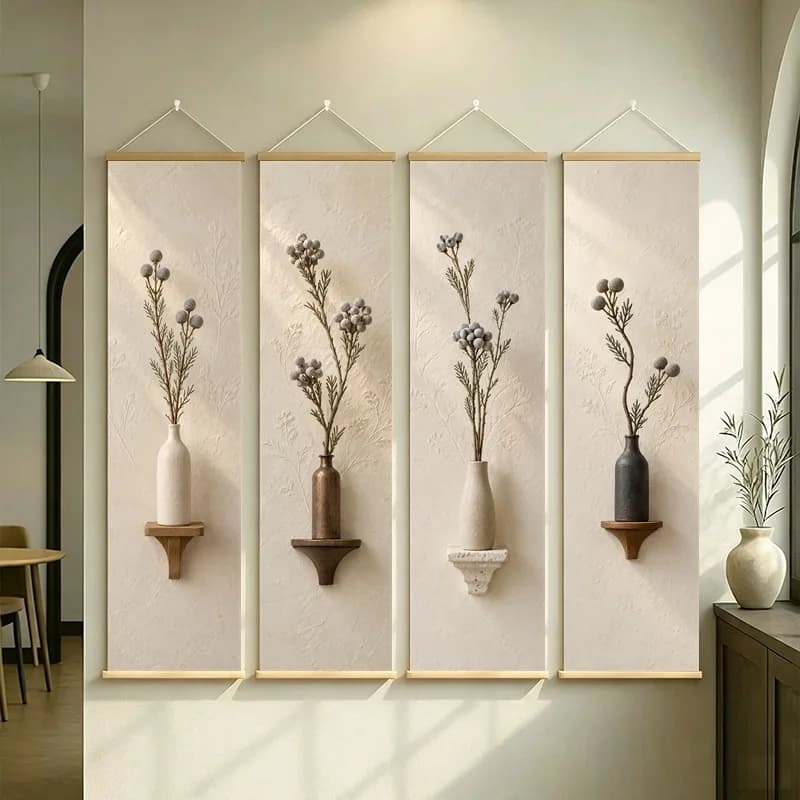 Dried Floral Wall Art 4-Panel Gray Stem Vase Hanging Scroll Set on Cream Silver Shimmer Canvas for Sophisticated Office Decor