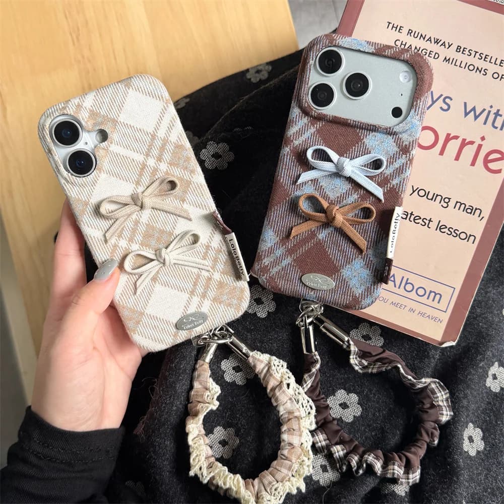 Fashion Korea Ins Rhombus Butterfly Phone Case For iPhone 18 Pro 15 16 17 Pro Max Cover Shockproof Cute Plush Cases with Chain