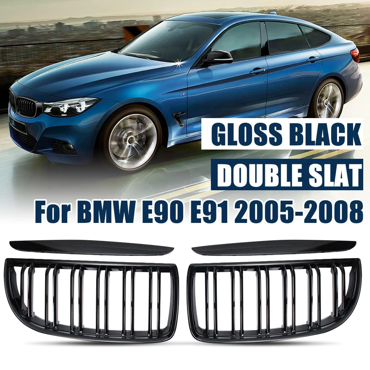 1 Pair Gloss Black 2 Line Front Kidney Grille Grill Double Slat For BMW E90 E91 3 Series 2005 2006 2007 2008