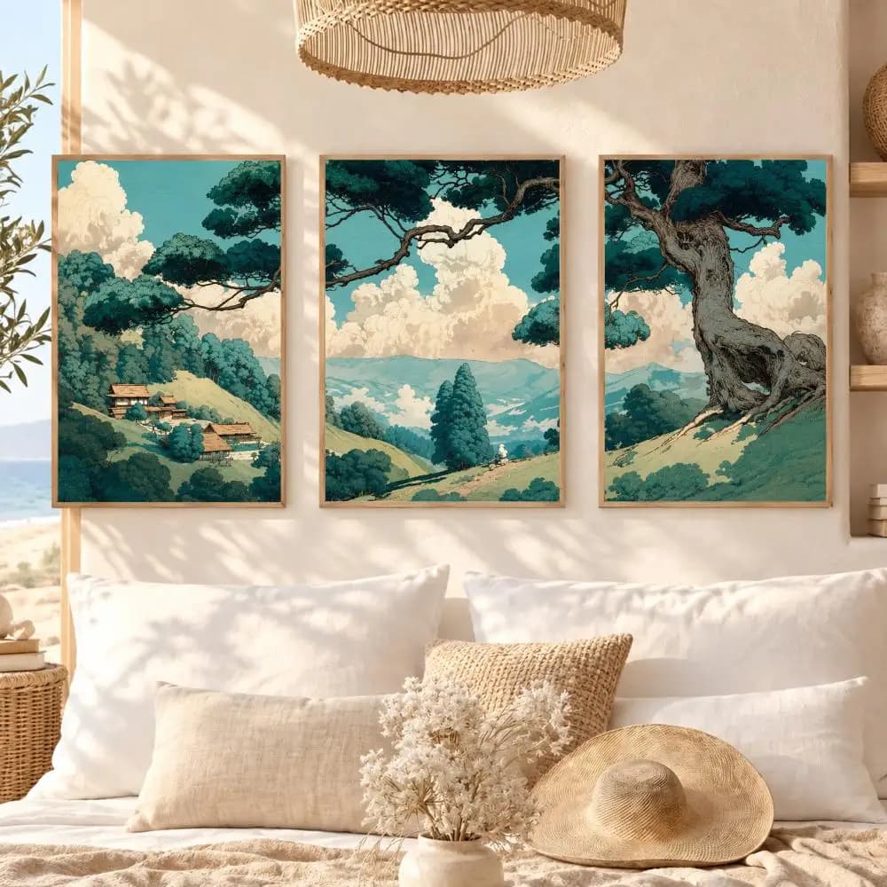 Japanese Ukiyoe Pine Mountain Painting Calligraphy 3 PCS Canvas Wall Art Prints for Living Room Modern Poster Decals Decor