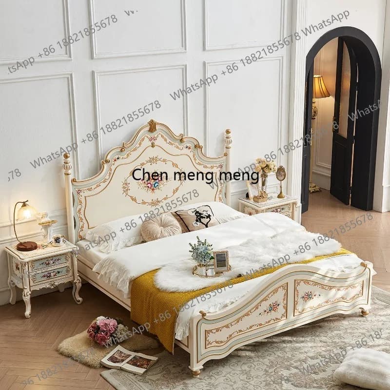 All solid wood French style, master bedroom painted flowers, cream style European court, double wedding bed