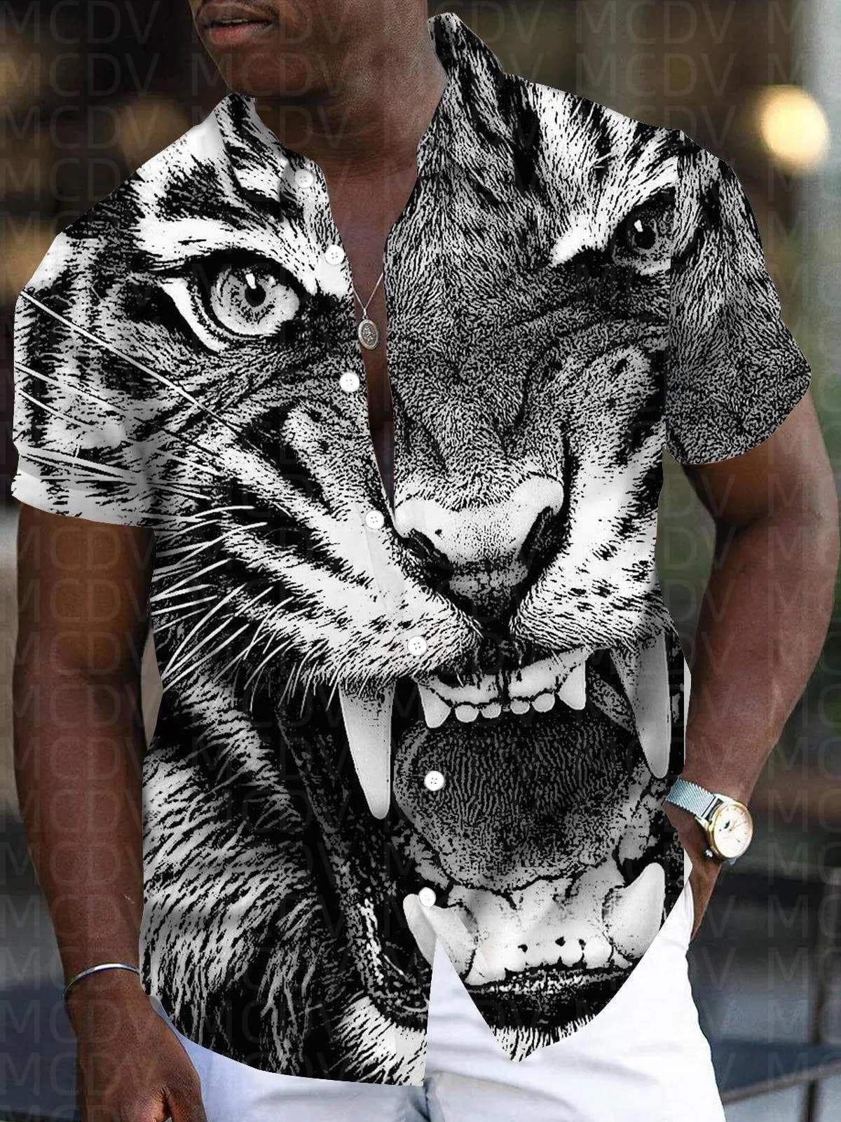 Tiger Pattern Men's Hawaiian Shirt Stretch Easy Care Camp Shirt Big Tall
