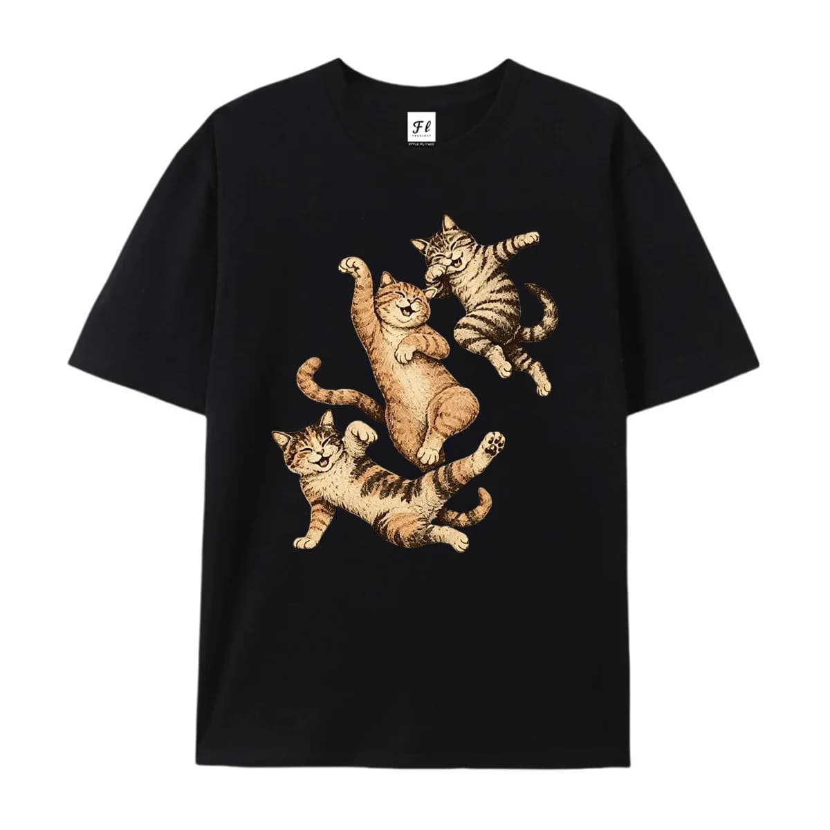Dancing Happy Cats Graphic T‑Shirt Retro Vintage Three Playful Kittens Music Note Spark Print Cute Animal Lover Casual Shirts