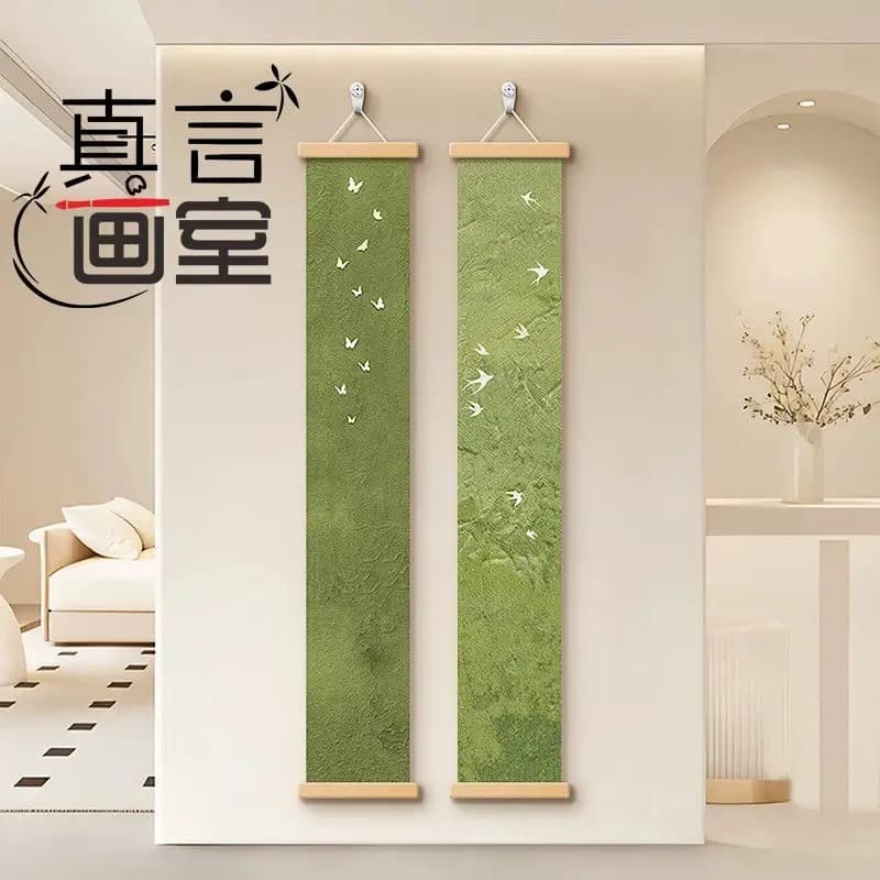 30x120cm Wall Art Green Texture Scroll Hanging, Butterfly Swallow Print Fabric Wall Decor for Living Room Bedroom Entryway Study