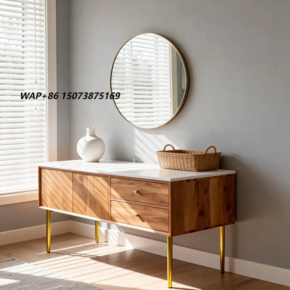 Modern Light Luxury Solid Wood Dressing Table Standing Mirror White Stone Countertop Iron Legs 2 Drawers Storage Living Room
