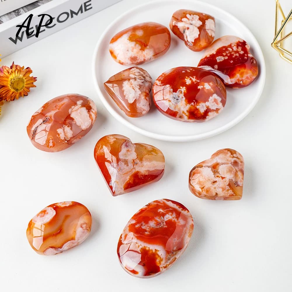 1pc Natural Stone Red Cherry Agate Heart Shape Crystal Sakura Agate Palm Stone Healing Gemstone Home Decoration Gifts