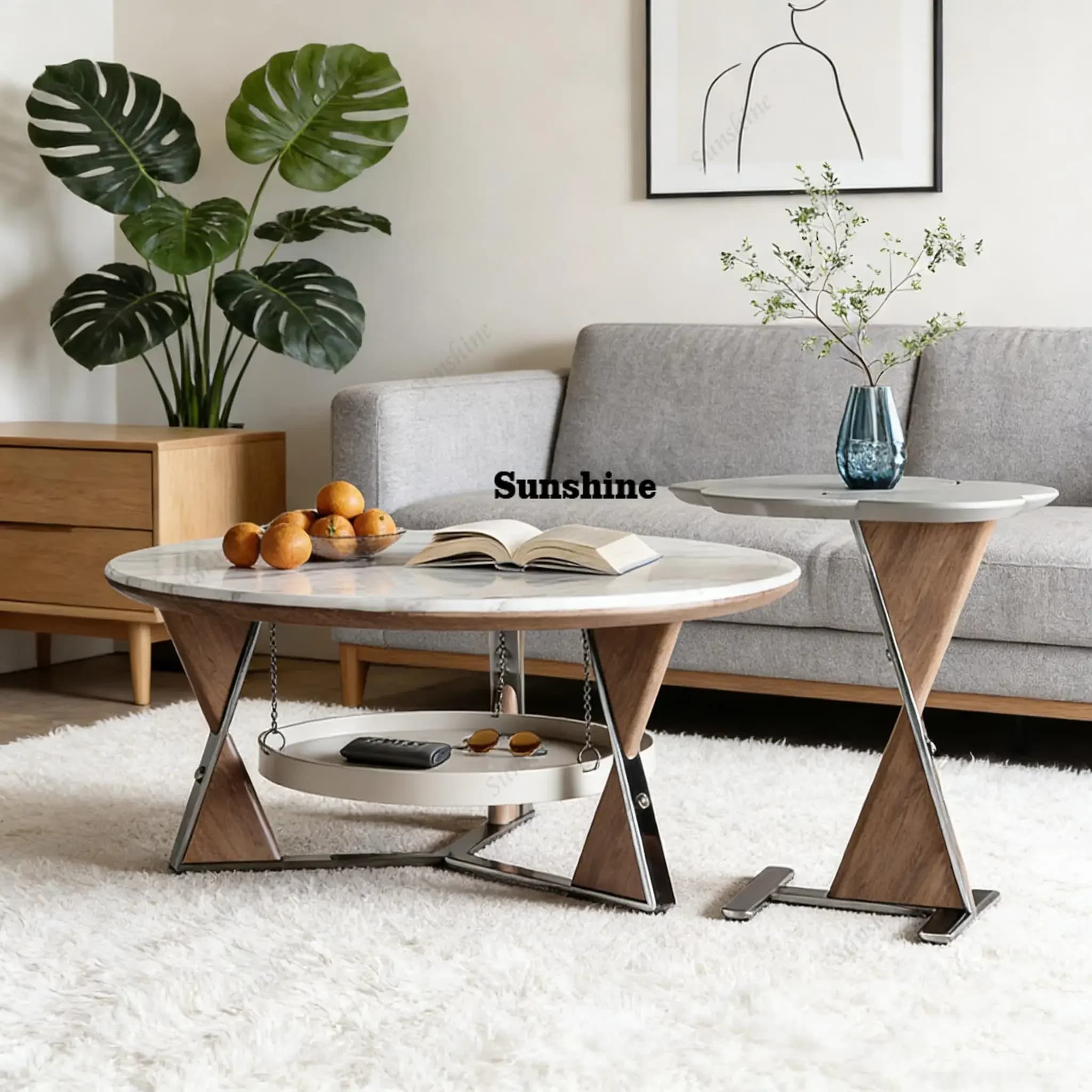 YRound Petal-shaped Stainless Steel Side Table Coffee Tables Set Living Room Modern Center Table Sets with Hanging Storage Tray