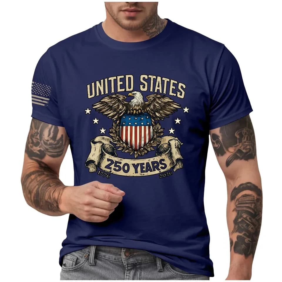 USA 250th Anniversary Eagle Print Men's T-Shirts Independence Day Commemorative Design Tees Patriotic Crew Neck Short Sleeve Top