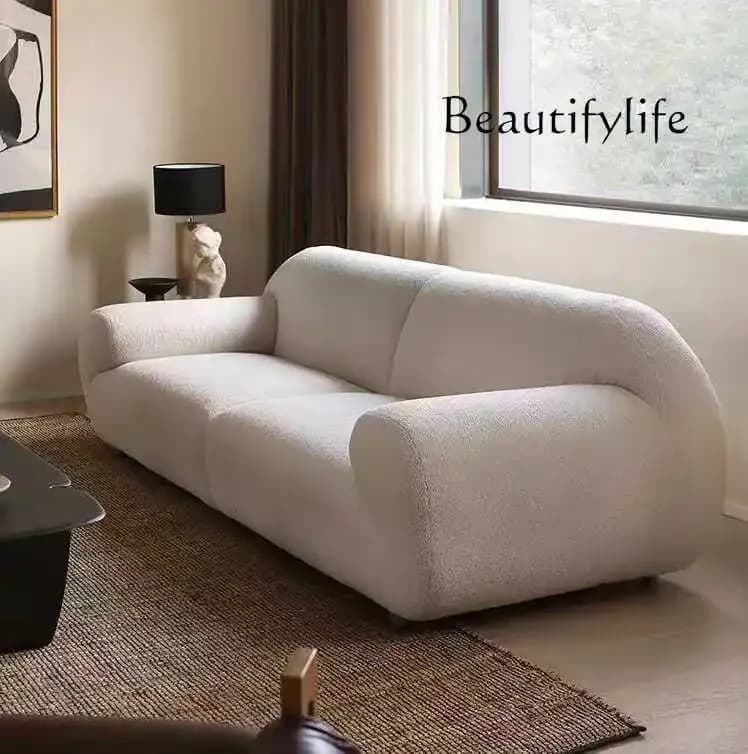 A44 French cream style lamb wool sofa light luxury small apartment living room wabi sandy wind fabric straight row sofa