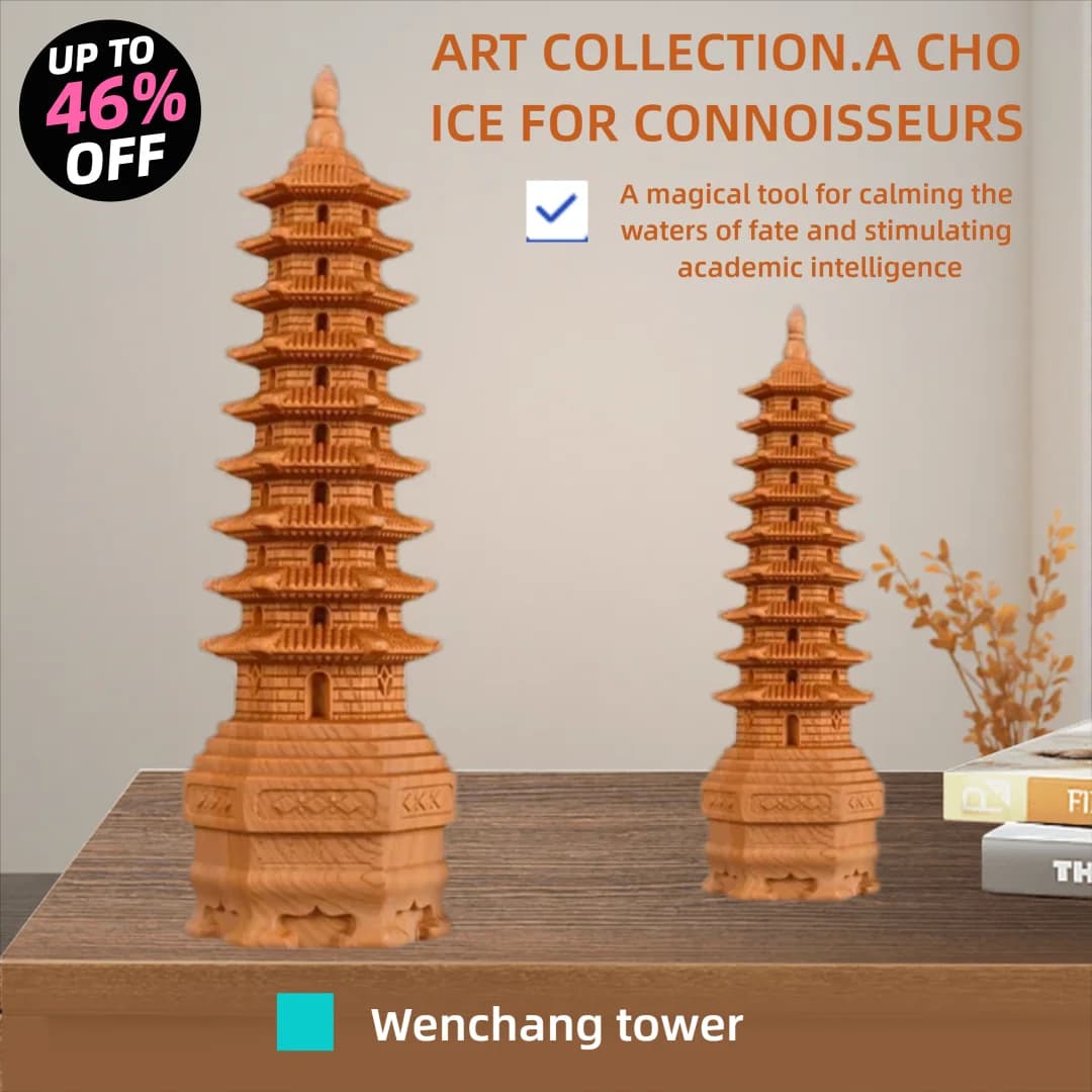 Wood Carving Wenchang Tower Decorative Ornaments Chinese Traditional Culture Home Study Room Office Wealth Luck Feng Shui Decor