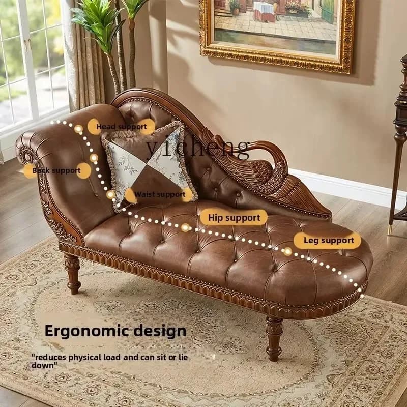Q-2  Solid Wood Chaise Lounge Chair Living Room Genuine Leather Recliner Leisure Chaise Chair