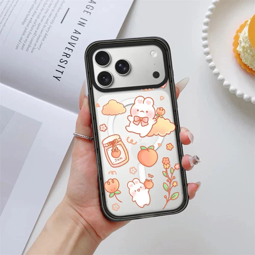 Cute Peach Rabbit Impact Black Border Magnetic Cover for IPhone 12 13 14 15 16 17 Pro Max Case for IPhone 17 Air