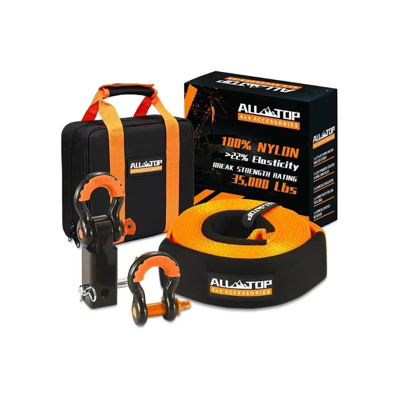 Heavy      Tow Strap Recovery Strap Kit 100% Nylon  and 22% Elongation Snatch Strap Ring Shackles Storage Bag