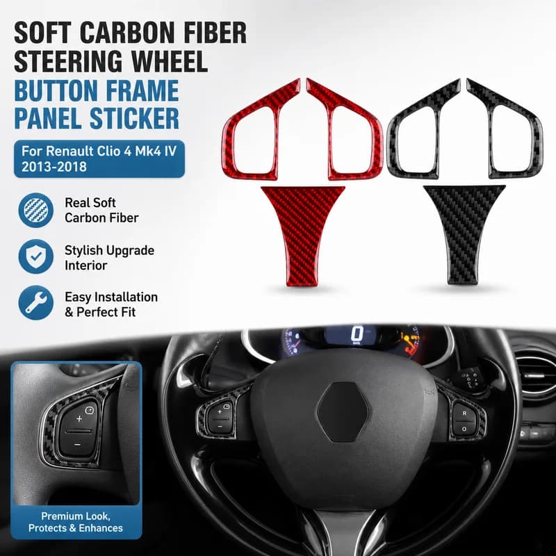 Real Soft Carbon Fiber Steering Wheel Button Frame Panel Sticker For Renault Clio 4 Mk4 IV 2013-2018 Car Accessories