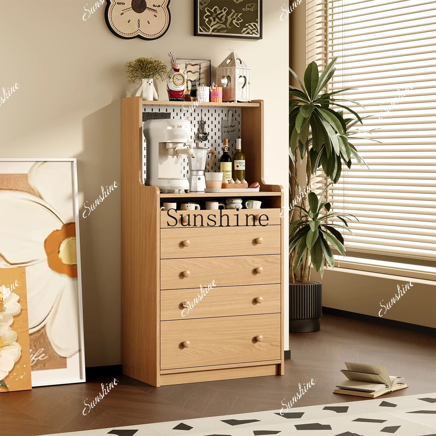 Medieval coffee machine, table rack, dining side cabinet integrated against the wall, sofaP