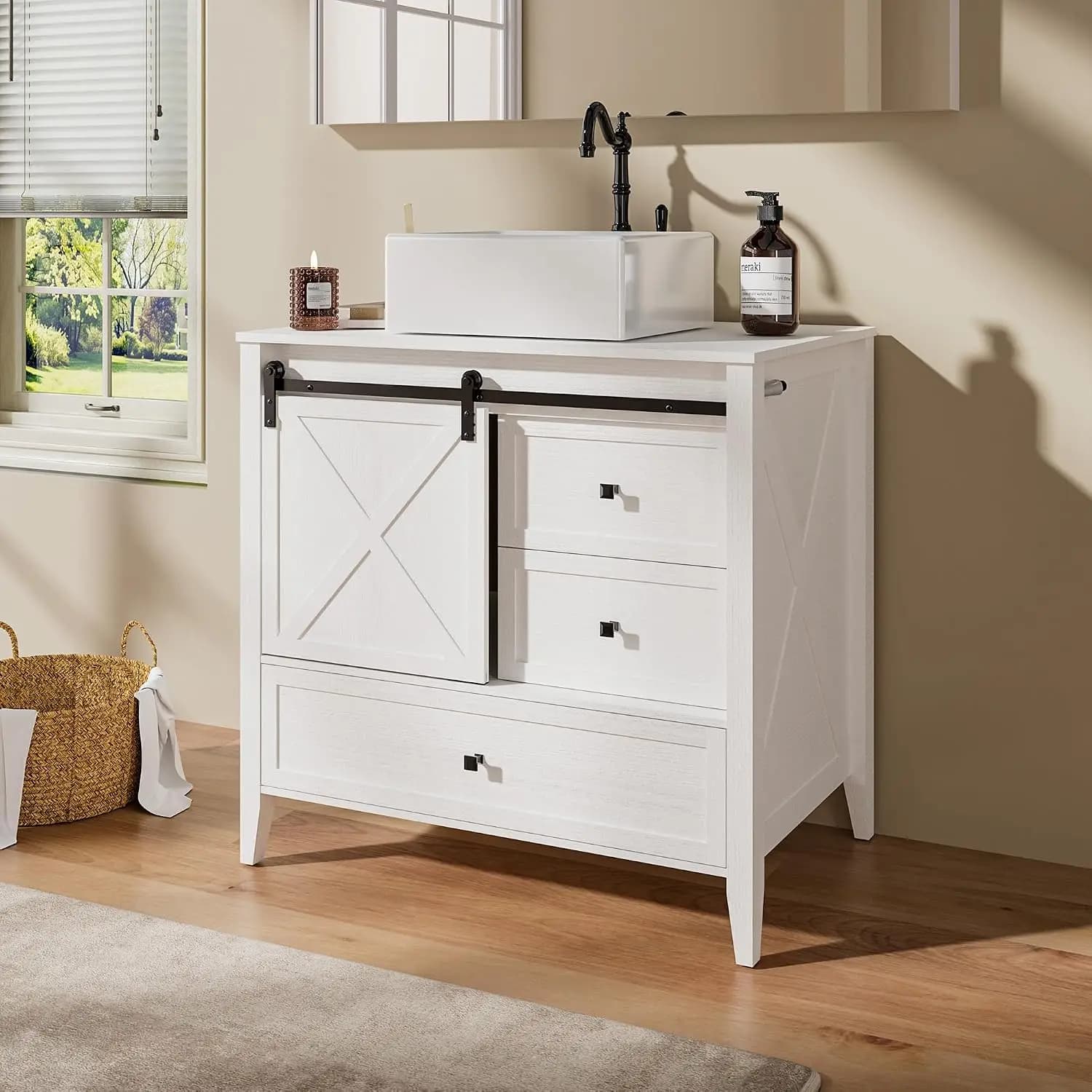 Bathroom Vanity with Sink - 36 Inch Bathroom Vanity with Sink Ceramic, Freestanding Cabinet with Farmhouse Sliding, Customized
