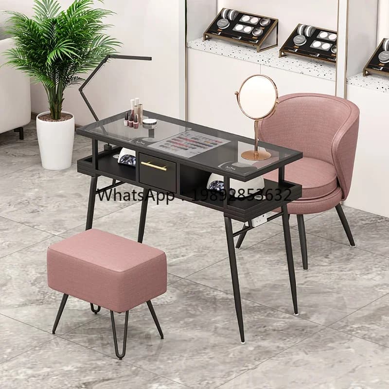 DF Nail Table Embedded Vacuum Cleaner Manicure Table Chair Set Light Luxury Simple Glass Nail Salon Special