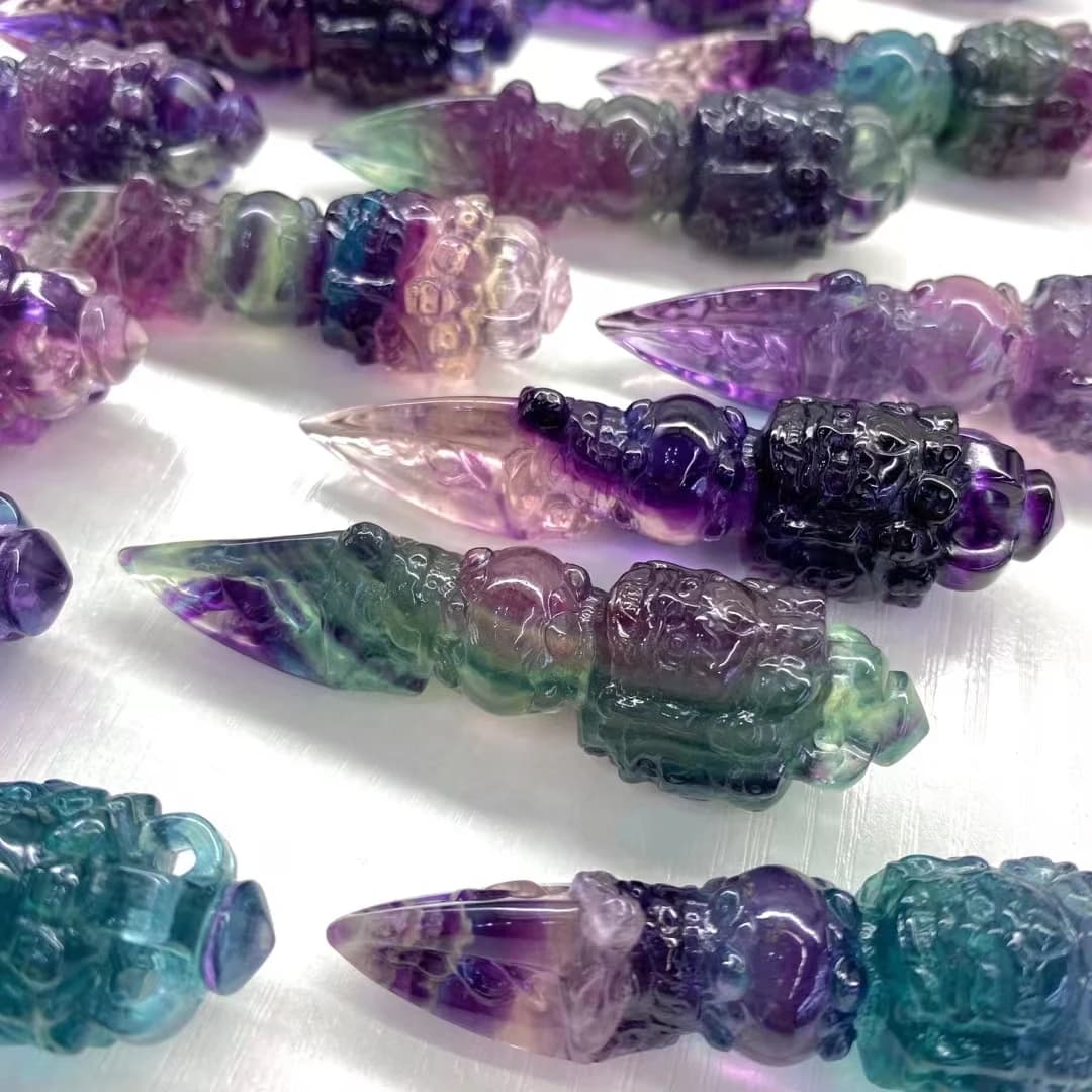 80mm Natural Colored Fluorite Carve Pharaoh Scepter Quartz Pendant Buddhism Instrument Artifacts Magic Pestle Spiritual Healing