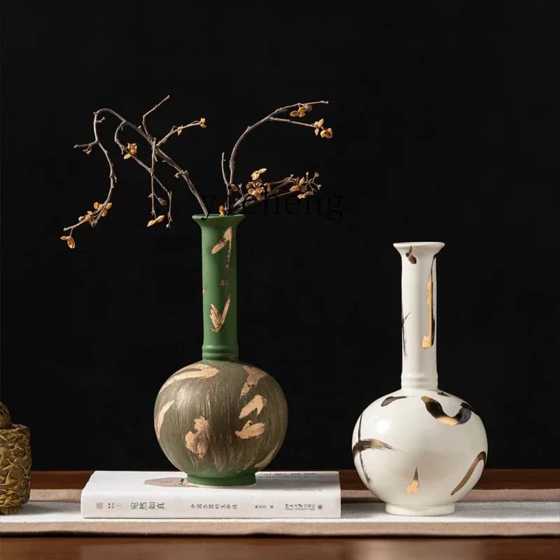 BJ-27 Lotus Zen Hand-painted Gilded Song Dynasty Style Celestial Globe Vase Fully Handmade Ceramic Flower Vase Ornament