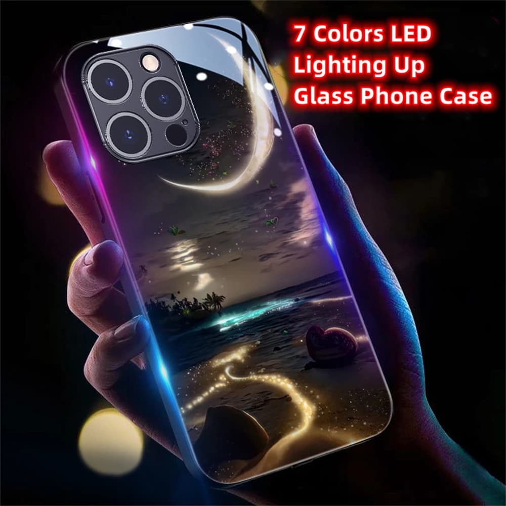 Moonlight Galaxy Beach Sound Control LED Flash Cases Luminous Glass Cover For OPPO Reno 8 9 10 11 12 13 Pro