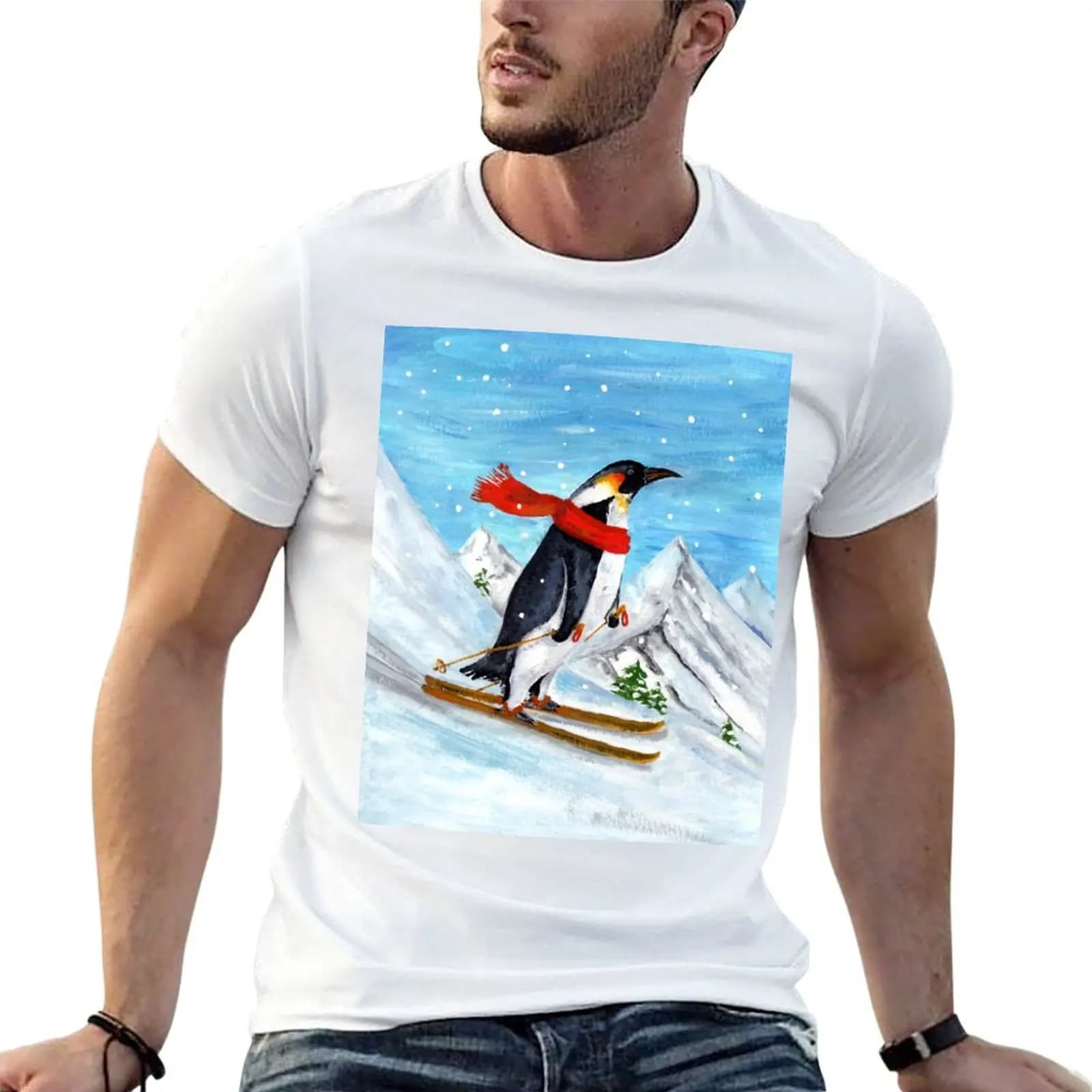 Vintage Style Penguin Downhill Skiing T-Shirt Work Daily Short Sleeve Top