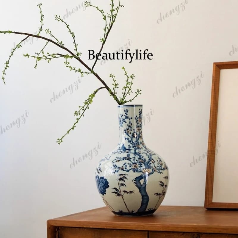 Jingdezhen ceramic vase Chinese blue and white porcelain ornament retro pottery pot entrance living room flower arrangement