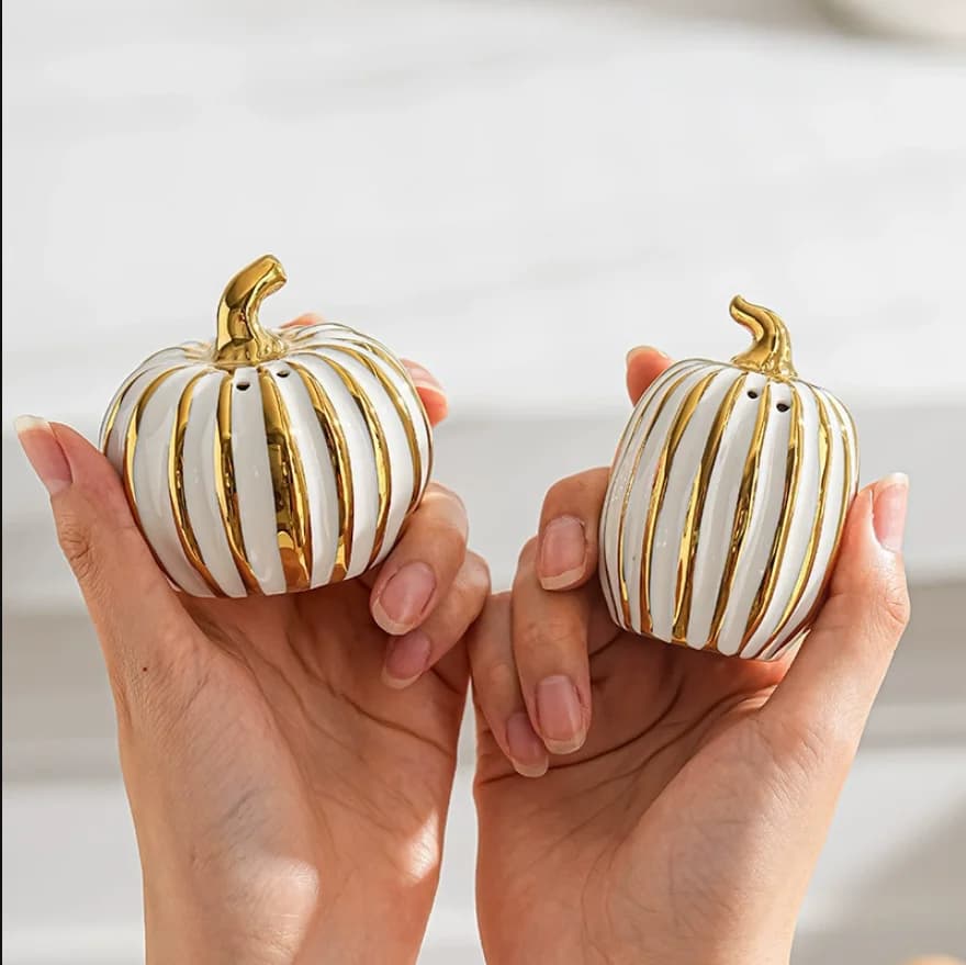 2pcs Fall Pumpkin Decor Vintage White and Gold Pumpkin Statue with Stem Table Centerpieces for Home