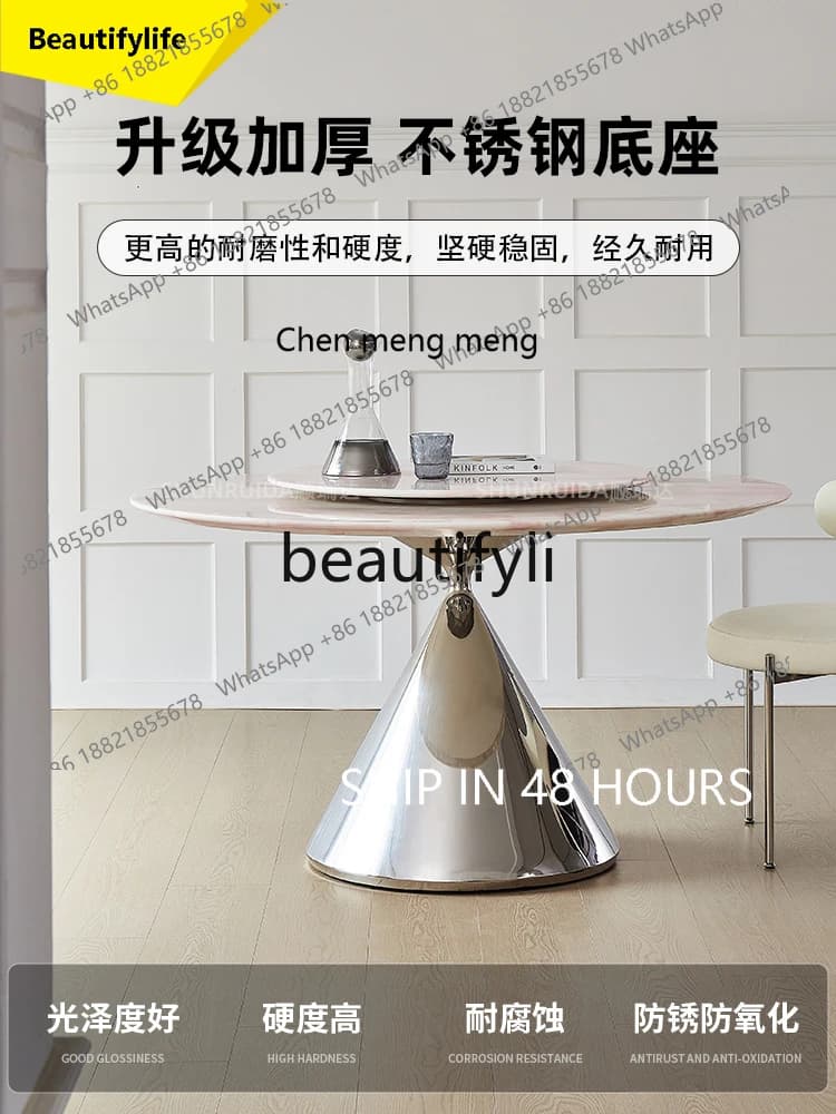 2003 Imported Pink Diamond Luxury Stone Dining Table Round Rose with Turntable Pure Natural Marble Dining Table