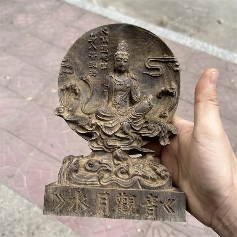 Antique wood carving water and moon Guanyin Bodhisattva Zen inspired ornaments home and living room decoration handicrafts