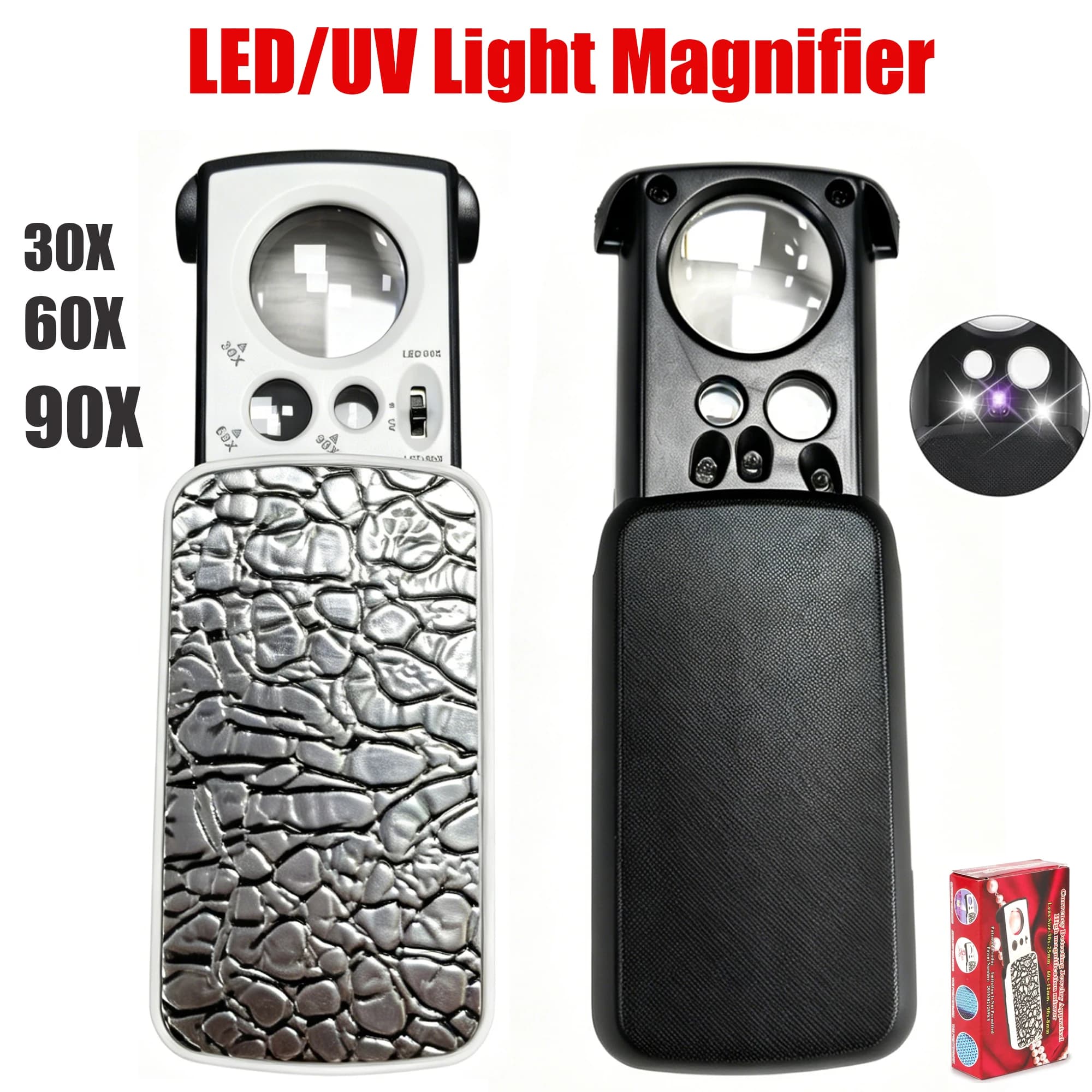 30X 60X 90X Triplex Magnifier Loupe Slide-Out Style Jewelry Magnifier Portable Magnifying Glass with LED UV Light for Gemology