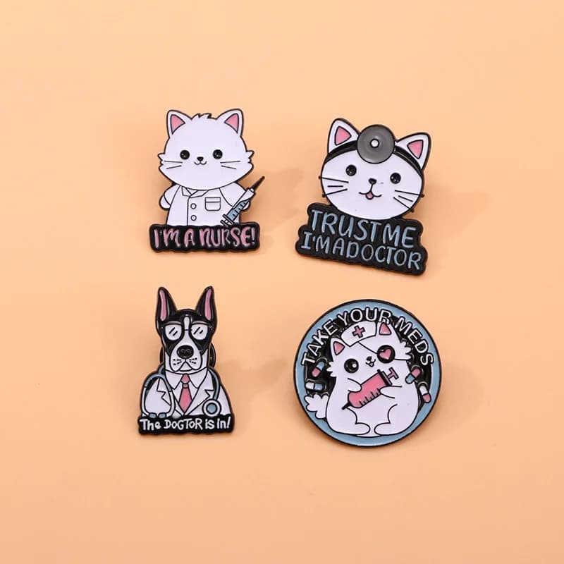 Cute Animal Doctor Nurse Cat Dog Brooch Pin for Clothing Bag Book DIY Clothes Bags Hat Scarf T-shirt Jeans Unisex Cartoon Badge