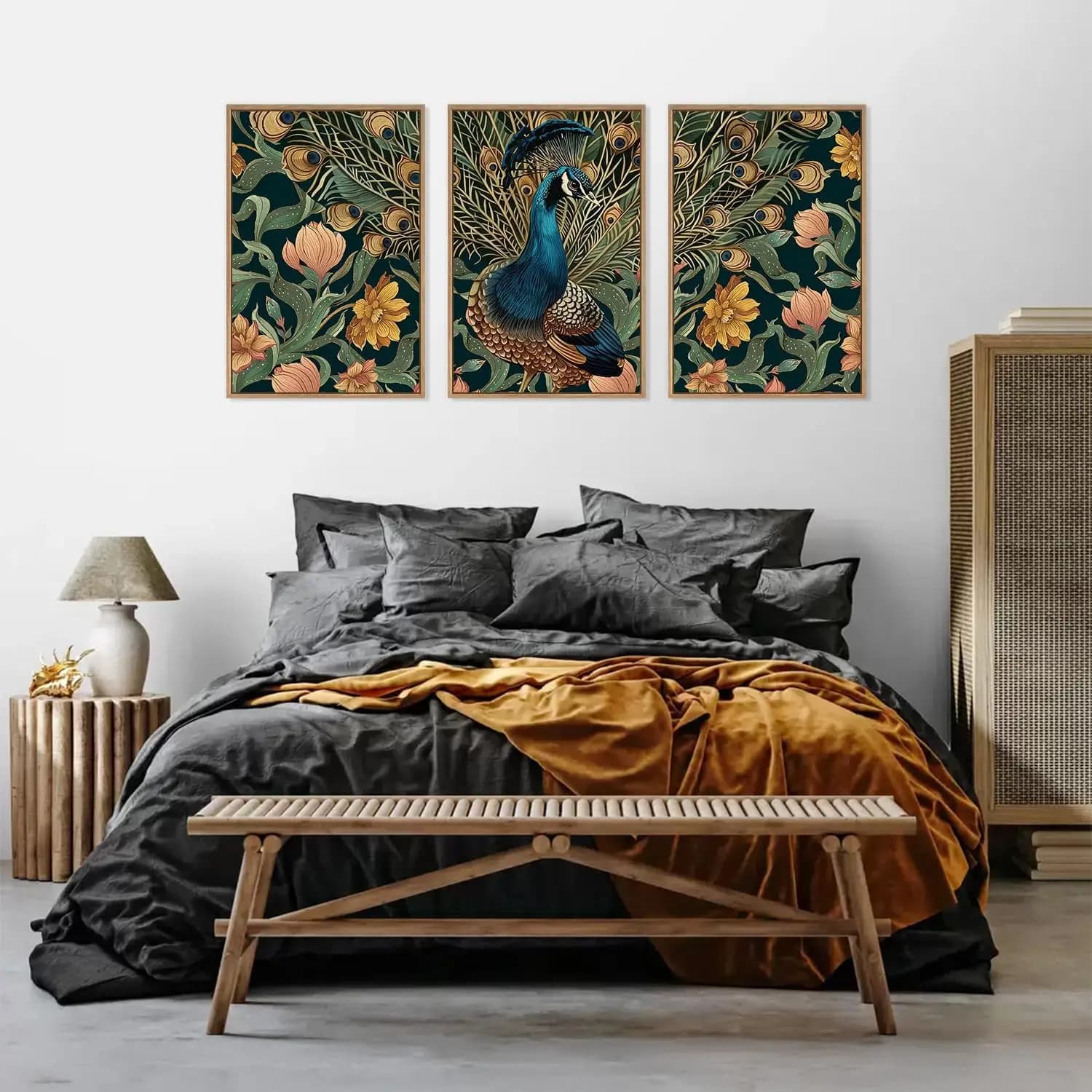 3pcs Modern Elegant Peacock Flower Retro Beautiful Animal Feather Canvas Poster Wall Art Living Room Home Decoration Prints