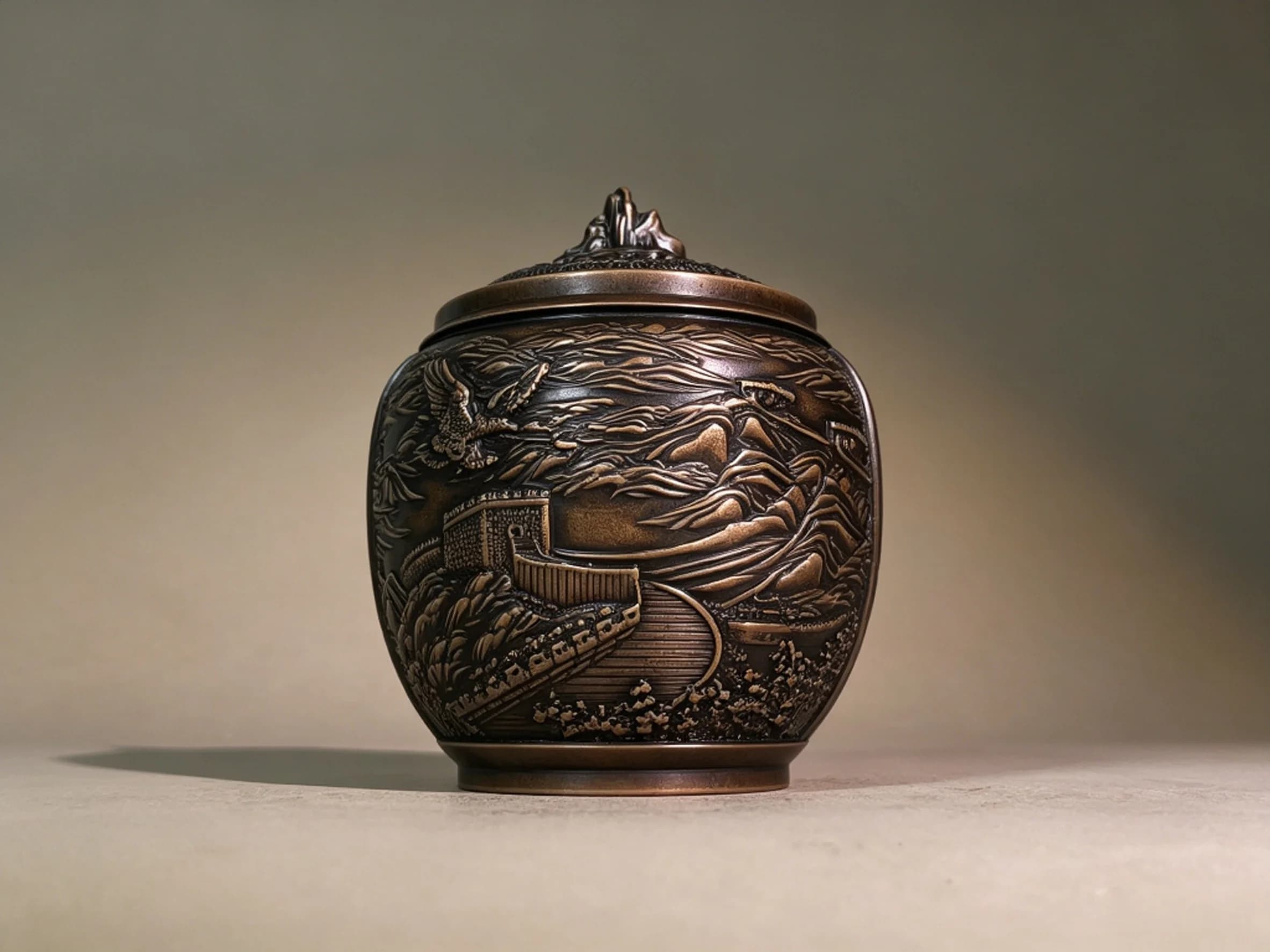 Exquisite Pure Copper Great Wall Tea Caddy, Storage Container for Home & Office Use, Decorative Copper Ornament for Tea Tables a
