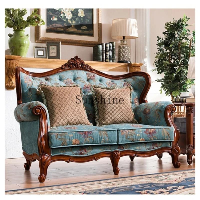 FT  American-style all-solid wood fabric sofa combination three-person furniture set