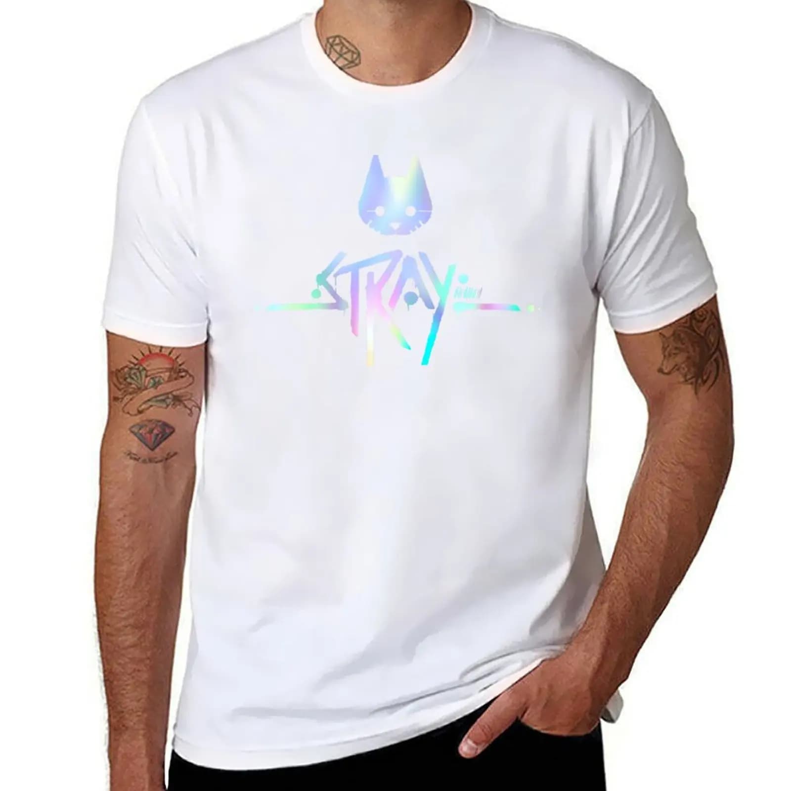 The Stray Game Logo in Holographic Iridescent Rainbow T-Shirt funny t shirts man anime t shirts oversize T-Shirt