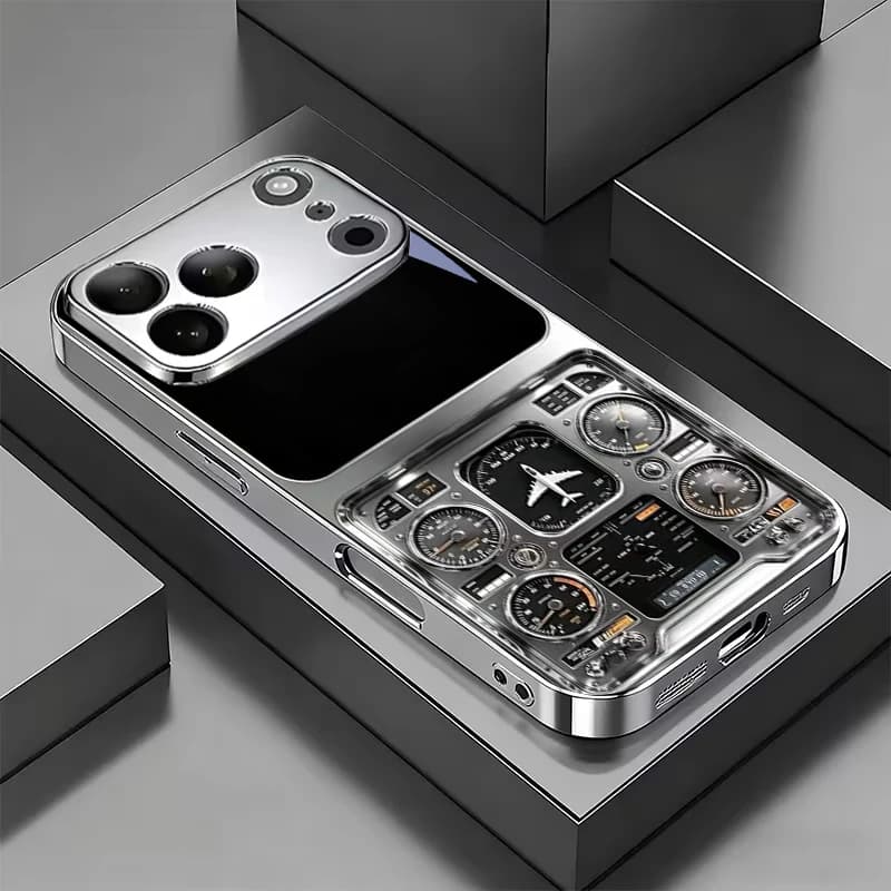 Retro Flight Gauge Art Electroplat Silver Phone Case For iPhone 18 15 17 16 14 13 12 11 Pro Max Plus 16E 17Air 7 8 X Glass Cover