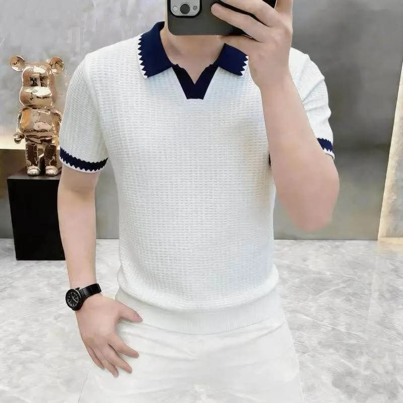 2026 Summer New Style Men's Short-Sleeved Lightweight Casual Striped Open-Weave Knitted Polo Shirt