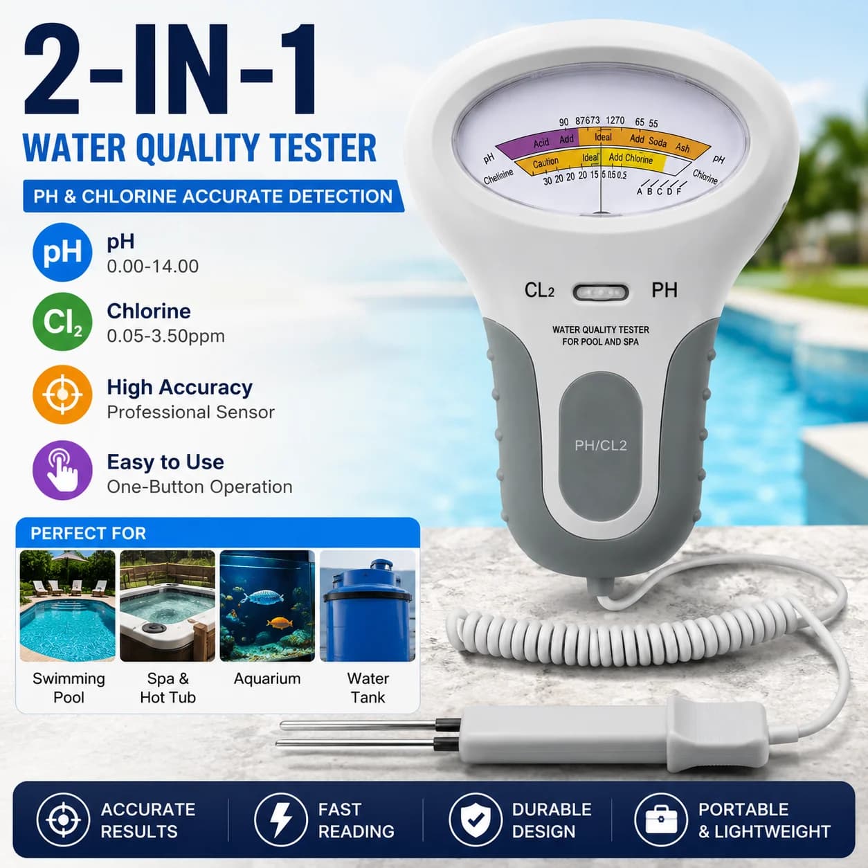 2 in 1 Chlorine Meter PH Chlorine Tester PC-101 Level Portable Digital PH Meter Water Quality Pool Spa Analytical Instruments