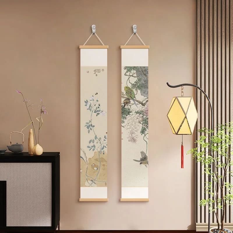 Wall Art Aesthetic Room Decor | Chinese Zen Style Bird Floral Scroll for Living Room Tea Room Hallway Minimalist Home
