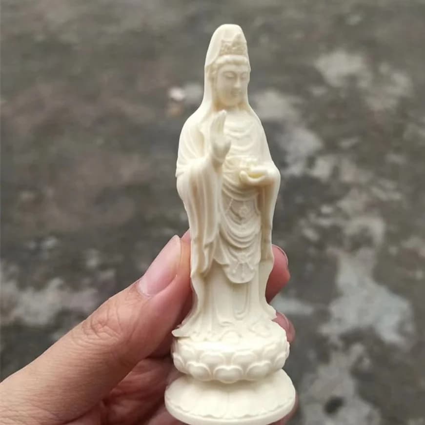 Natural Tagua Nut Hand Carved Guanyin Statue Chinese Buddhist Bodhisattva Figurine Home Feng Shui Decoration Art Craft