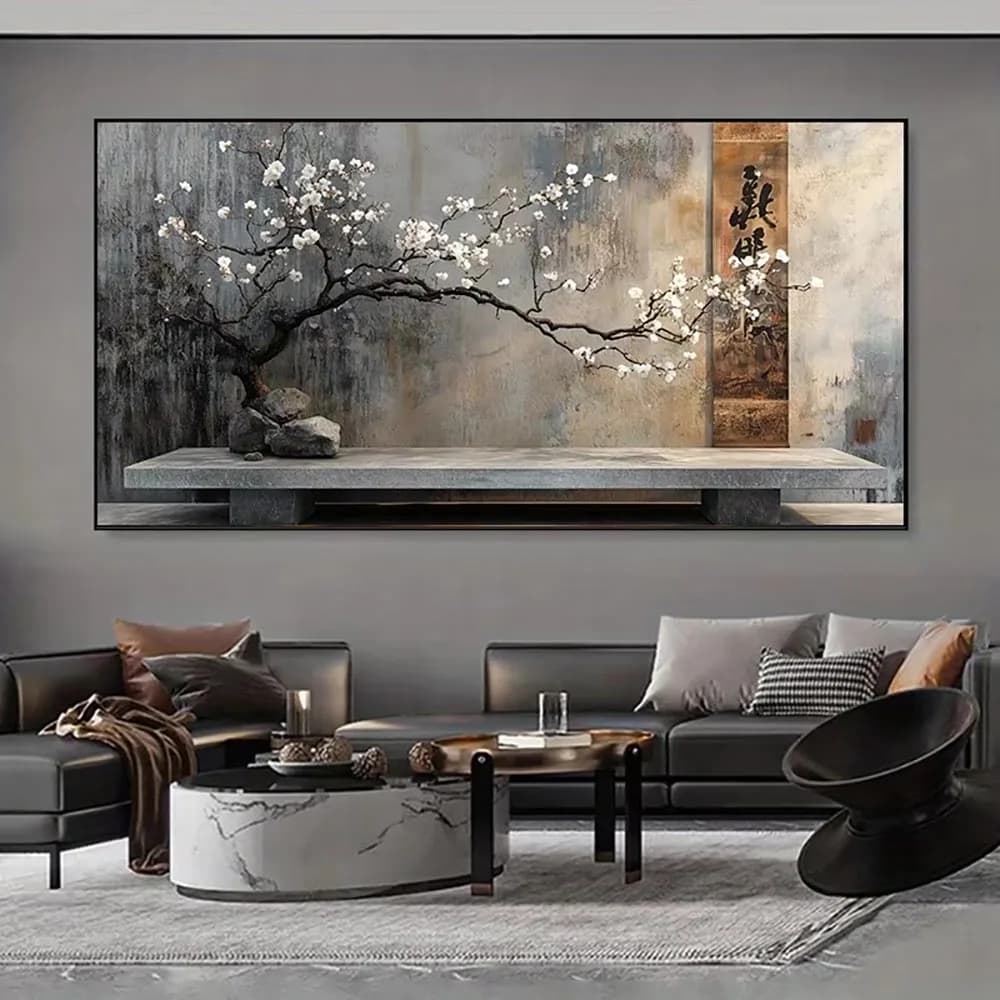 Large Frameless Abstract Canvas Paintings Vintage Stone Terrace & Flower Branch Poster Print Wall Decor for Living Room Wall Art
