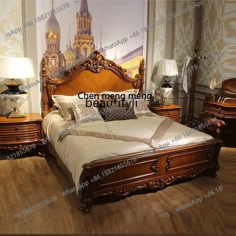 ss8350 American solid wood double bed 1.8 meters master bedroom European retro wedding bed carved luxury solid wood bed