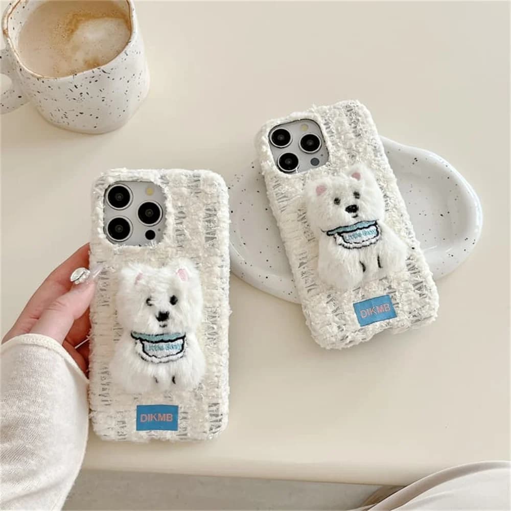 Korean luxury Cute Apron puppy 3D Plush Phone Case for iPhone 18 17 Pro Max 15 16 17 18 Pro Cover Shockproof Cove Kawaii Cases
