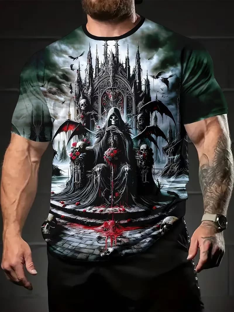 Halloween Skeleton Throne 3D Printed Men's Round Neck T-shirt Summer Casual Men's Street Wear Daily Top Hip Hop Y2k Men Clothing