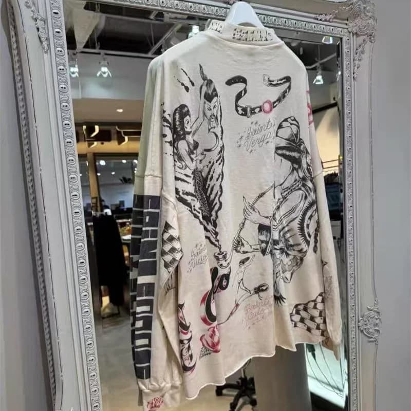 High Street Oversized Men Women Vintage Concrete White Premium Quality T-Shirt Long Sleeve Cartoon Graffiti Print SAINT T Shirt