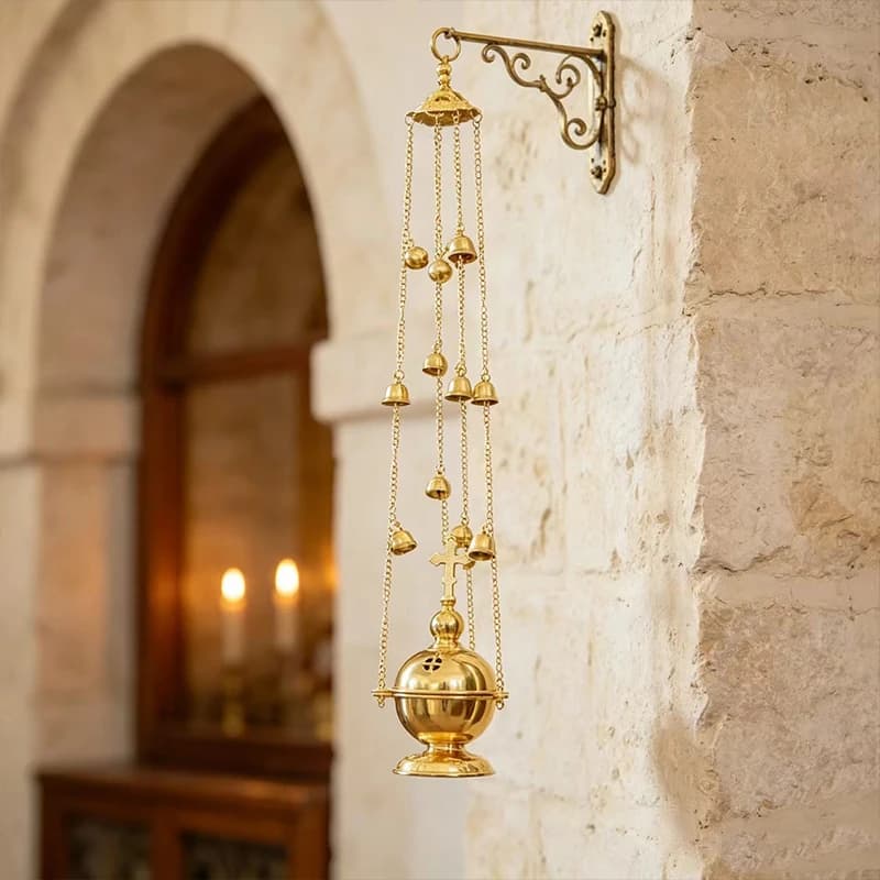 Gold Brass Wall Sconce Incense Burner Hanging Censer with Chain Bells for Church Orthodox Catholic Religious Decor Ornament
