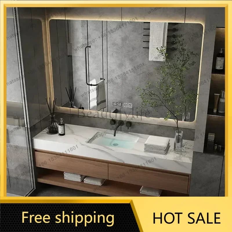 YJ Under Sink Bathroom Furniture Minimalist Bathroom Cabinet Integrated Rock Plate Ceramic Washbasin Bathroom Vanity Cabinets