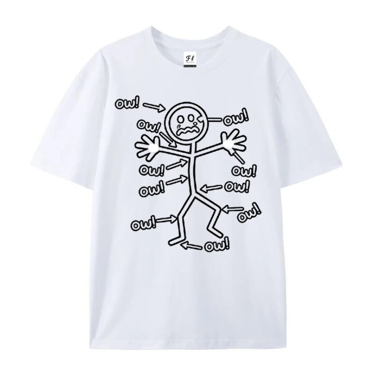 Everything Hurts Ow Stick Figure Graphic T‑Shirt Funny Sore Body Meme Casual Unisex Short Sleeve Humor Stylish Tee for Men Women