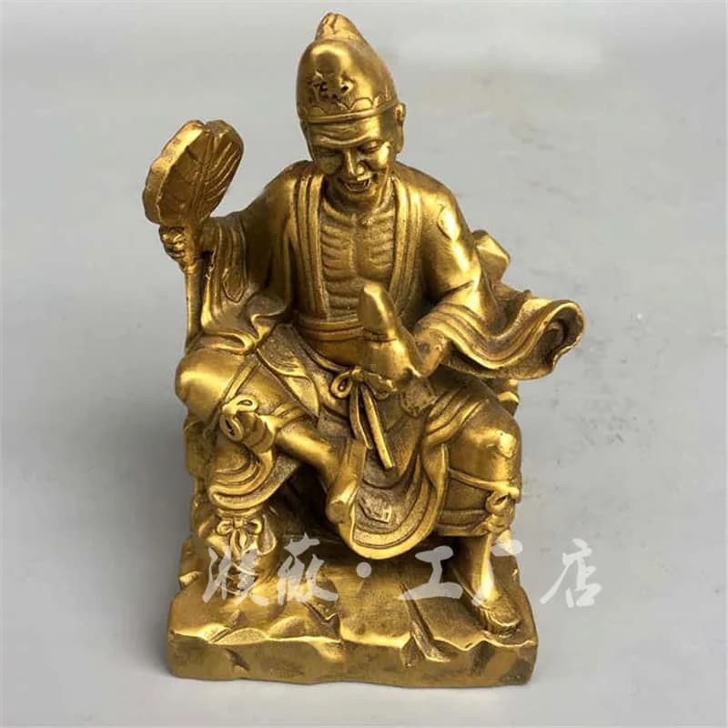 Ji Figurine, Sitting Ji with Fan, Large Brass Ji Gong
